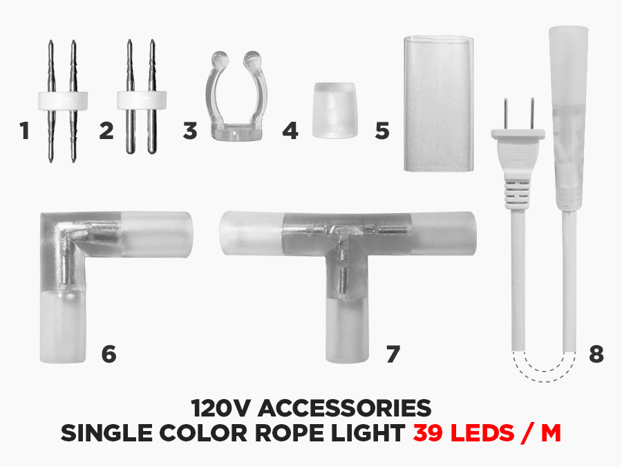 120V LED Rope Light Accessories and Connectors - 39 LEDs/m