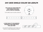 24V 5m iP20 2835 White High Output LED Strip - 128 LEDs/m (Strip Only) - Features: Cut Lines