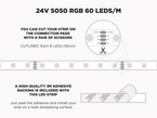24V 5m iP65+ RGB 5050 High Output LED Strip - 60 LEDs/m (Strip Only) - Features: Cut Lines