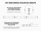 12V 5m iP65+ 3528 Single Color LED Strip - 60 LEDs/m (Strip only) - Features: Cut Lines