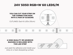 24V 5m iP20 RGB+W 5050 LED Strip - 60 LEDs/m (Strip Only) - Features: Cut Lines
