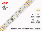 Ruban LED iP20 24V 3528 Blanc à 120 LEDs/m - 5m (Ruban seul), Couleur-Température: 3000K Blanc Chaud