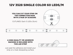 12V 5m iP65+ 3528 Single Color LED Strip - 60 LEDs/m (Strip only)