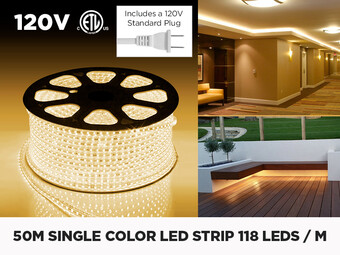 120V 50m iP67 2835 Single Color LED Strip - 118 LEDs/m