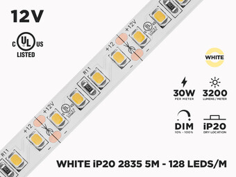 12V 5m iP20 2835 White High Output LED Strip - 128 LEDs/m (Strip Only)