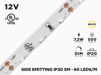 Ruban LED iP20 12V 3014 Blanc à Projection Horizontale à 60 LEDs/m - 5m (Ruban seul)