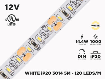 12V 5m iP20 3014 White LED Strip - 120 LEDs/m (Strip Only)