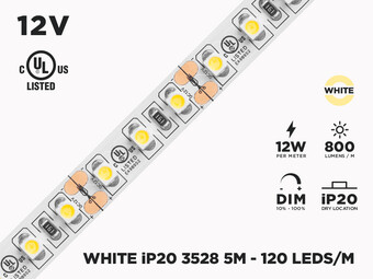 Ruban LED iP20 12V 3528 Blanc à 120 LEDs/m - 5m (Ruban seul)