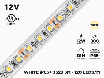 12V 5m iP65+ 3528 White LED Strip - 120 LEDs/m (Strip Only)