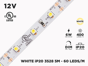 12V 5m iP20 3528 Single Color LED Strip - 60 LEDs/m (Strip Only), Couleur-Température: 4000K Blanc Naturel