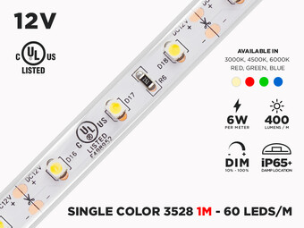 12V 1m iP65+ 3528 Single Color LED Strip 60 LEDs/m (Strip Only)
