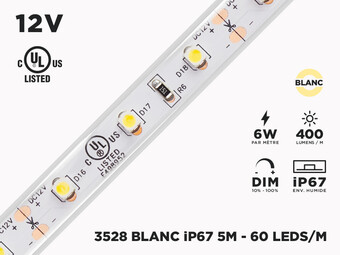 Ruban LED Extérieur iP67 12V 3528 Blanc à 60 LEDs/m - 5m (Ruban seul)