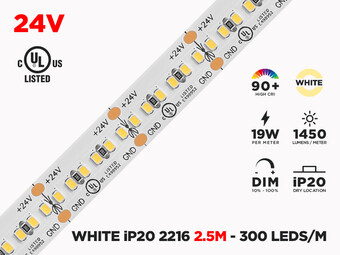 24V 2.5m (8 feet) iP20 2216 Single Color LED Strip - 300 LEDs/m (Strip Only)