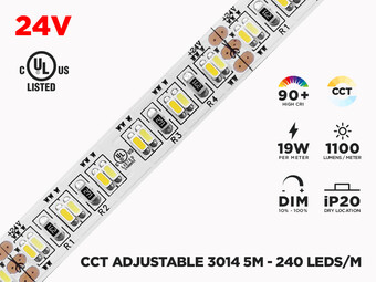 24V 5m iP20 3014 Warm White Cool White Adjustable LED Strip - 240 LEDs/m (Strip Only)