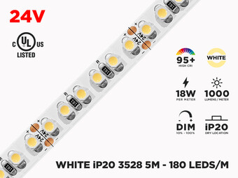 24V 5m iP20 3528 White LED Strip - 180 LEDs/m (Strip Only)
