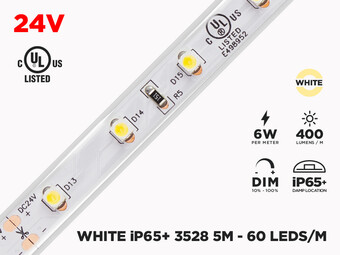 24V 5m iP65+ 3528 White LED Strip - 60 LEDs/m (Strip Only)