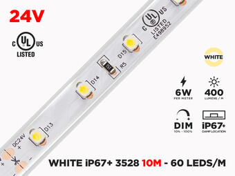 24V 10m IP67 3528 White Outdoor LED Strip - 60 LEDs/m - 10m (Strip only)