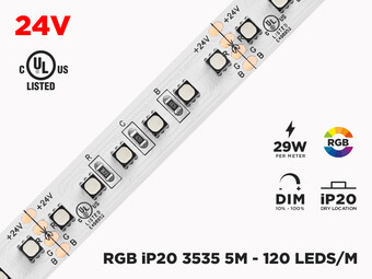 LIQUIDATION - 24V 5m iP20 3535 RGB LED Strip - 120 LEDs/m (Strip Only)
