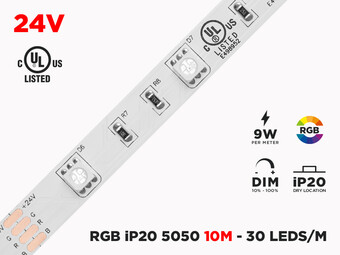 24V 10m iP20 RGB 5050 High Output LED Strip - 30 LEDs/m (Strip Only)