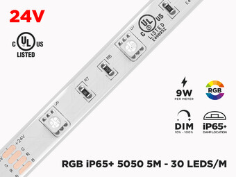 24V 5m iP65+ RGB 5050 High Output LED Strip - 30 LEDs/m (Strip Only)
