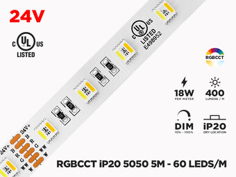 24V 5m iP20 RGB+W CCT 5050 LED Strip - 60 LEDs/m (Strip Only)