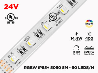 24V 5m iP65+ RGB+W 5050 LED Strip - 60 LEDs/m (Strip Only)