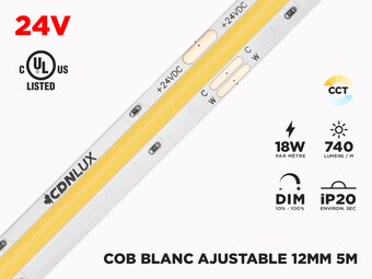Ruban LED COB 10mm iP20 24V Blanc Chaud Blanc Froid Ajustable – 5m