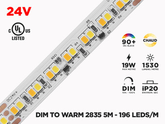 Ruban LED iP20 24V 2835 "Dim to Warm" à 196 LEDs/m - 5m (Ruban seul)