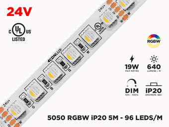 Ruban LED iP20 24V RGB+W 5050 à 96 LEDs/m - 5m (Ruban seul)