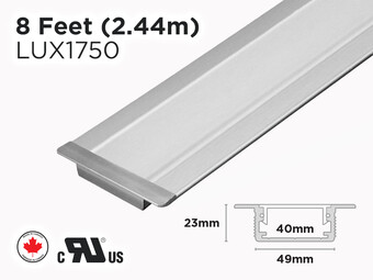 Profilé d’aluminium en U encastrable de 75mm de largeur pour ruban LED - 8 pieds (LUX1750)