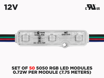 cURus Certified Set of 50 ip68 5050 RGB LED Modules (0.72W per Module)