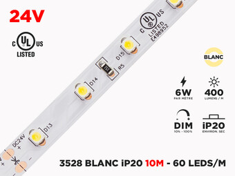 Ruban LED iP20 24V 3528 Couleur Unique à 60 LEDs/m - 10m (Ruban seul), Couleur-Température: 2700K Blanc Chaud