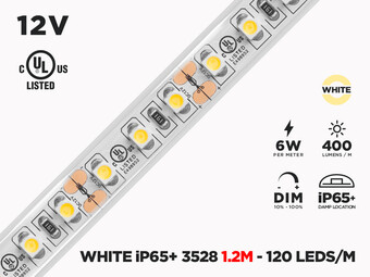 12V 1.2m (4') iP65+ 3528 Single Color LED Strip - 120 LEDs/m (Strip Only) - Features: Included Connections