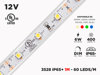 Ruban LED iP65+ 12V 3528 Couleur Unique à 60 LEDs/m - 1m (Ruban seul)