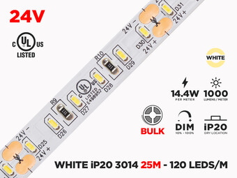 24V 25m iP20 3014 White LED Strip - 120 LEDs/m (Strip Only)