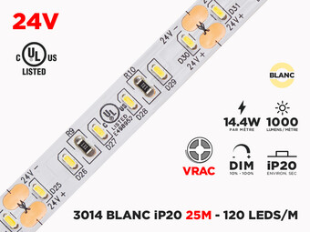 Ruban LED IP20 24V 3014 Blanc à 120 LEDs/m - 25m (Ruban seul)