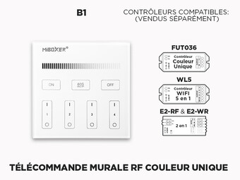 B1 Télécommande Murale RF 4 Zones pour Rubans LED Couleur Unique