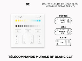 B2 Télécommande Murale RF 4 Zones pour Rubans LED Blanc Ajustable CCT