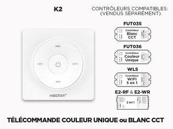 Télécommande Murale Detachable RF 1 Zone pour Rubans LED Couleur Unique et Blanc CCT Ajustable (K2)