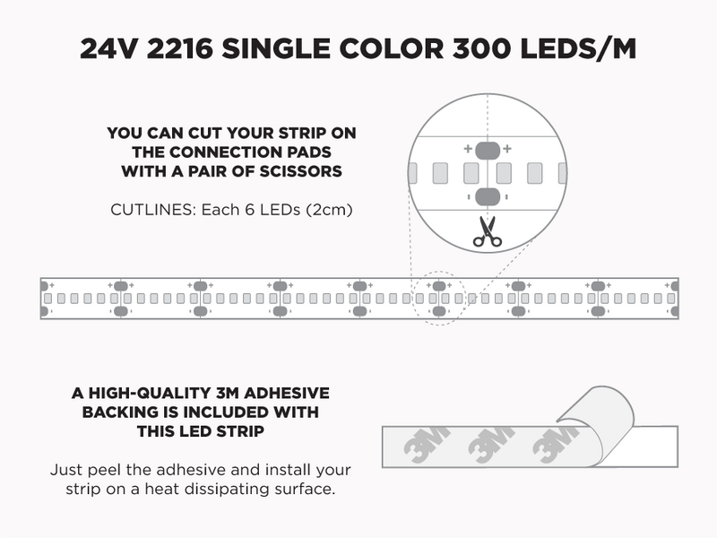 24V 2.5m iP20 2216 Single Color LED Strip - 300 LEDs/m - Features: Cut Lines
