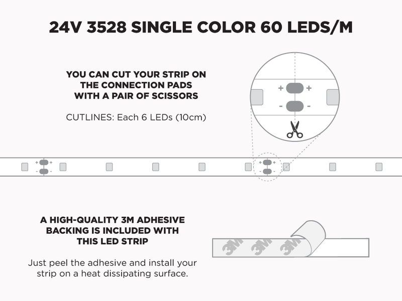 24V 10m iP20 3528 Single Color LED Strip - 60 LEDs/m (Strip Only) - Features: Cut Lines