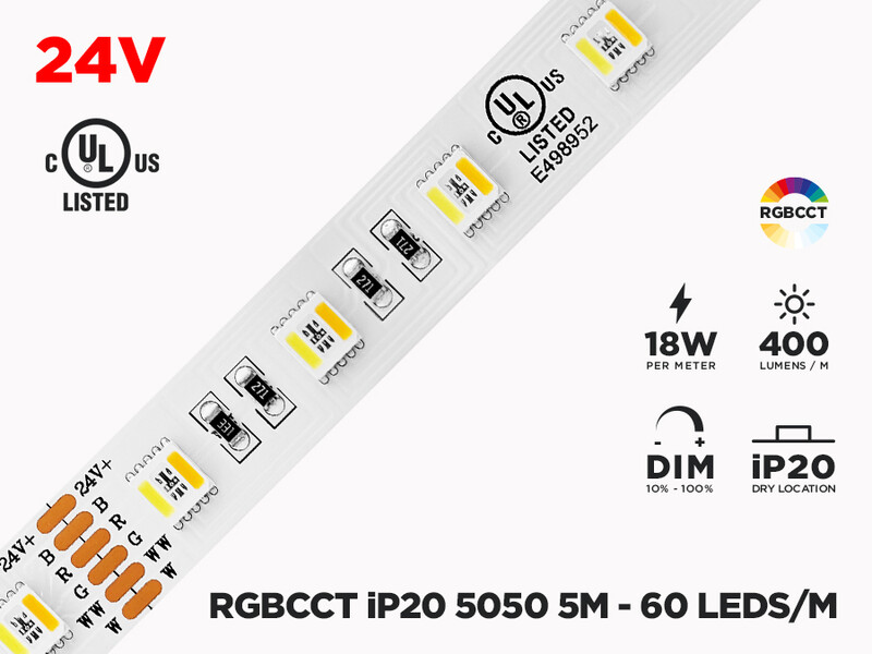 24V 5m iP20 RGB+W CCT 5050 LED Strip - 60 LEDs/m (Strip Only)