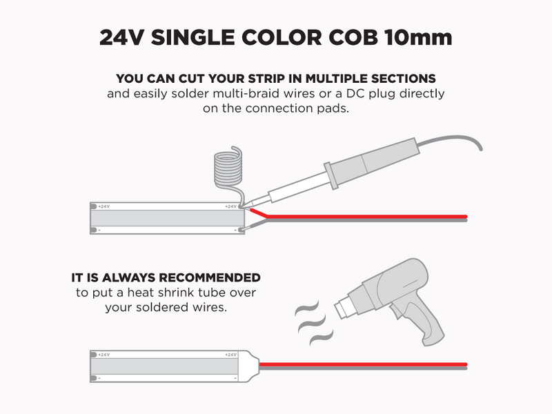 24V 5m iP20 10mm COB LED strip - White - Features: Solder