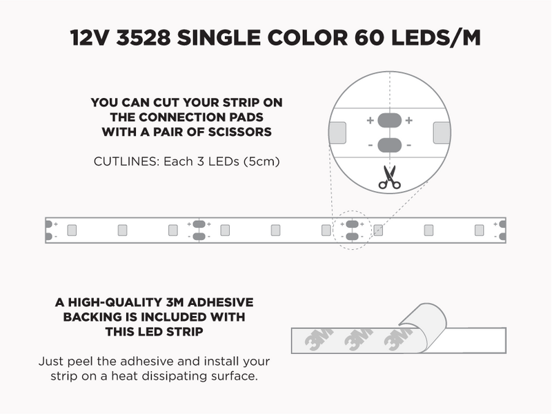 12V 5m iP20 3528 Single Color LED Strip - 60 LEDs/m (Strip Only) - Features: Cut Lines