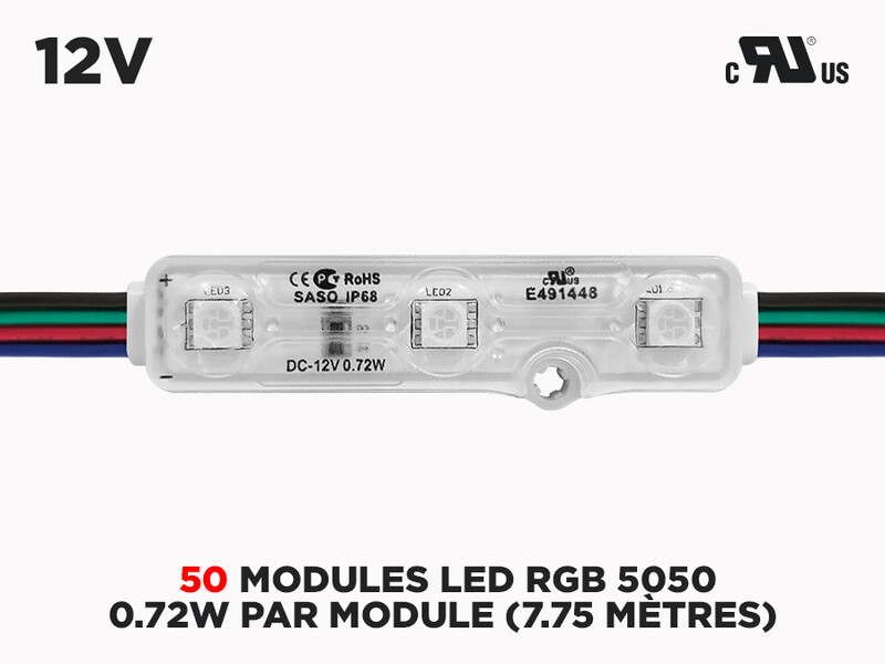 Ensemble de 50 modules LED RGB 5050 IP68 certifiés cURus (0,72 W par module).