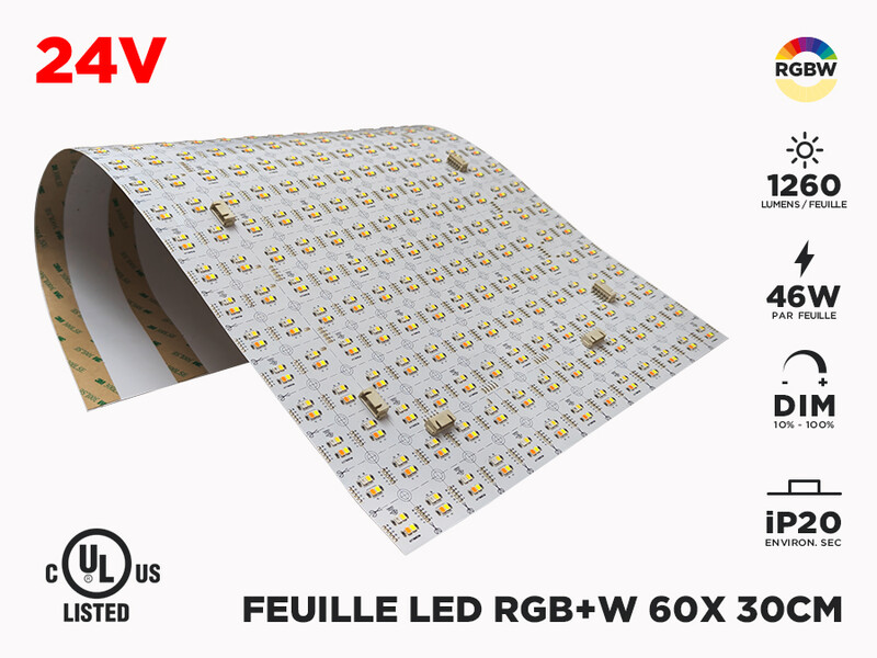 Feuille LED RGBW 24V 60x30cm (46W), Couleur-Température: 3000k Blanc Chaud
