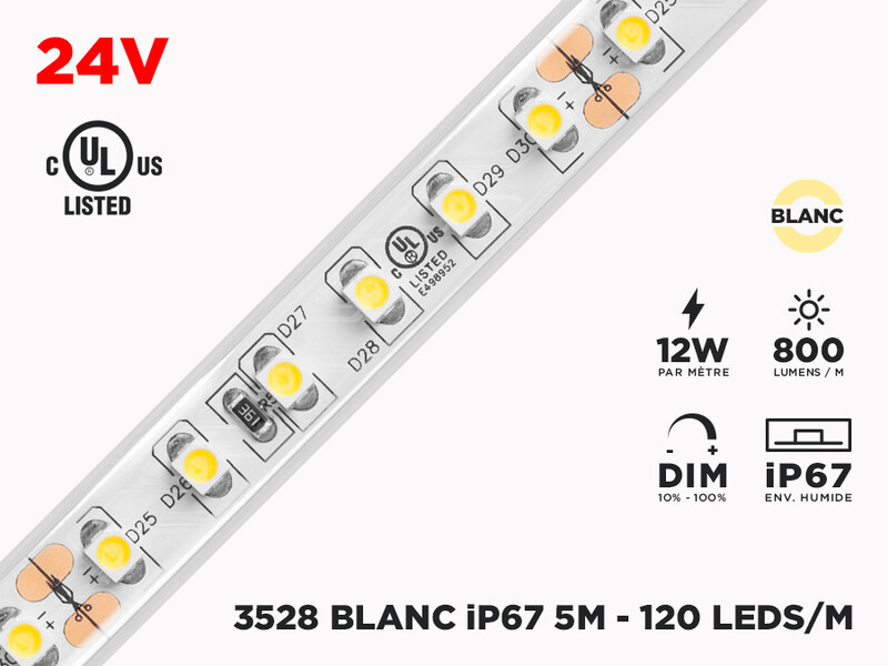 Ruban LED Extérieur iP67 24V 3528 Blanc à 120 LEDs/m - 5m (Ruban seul)