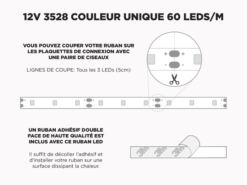 Ruban LED iP65+ 12V 3528 Couleur Unique à 60 LEDs/m - 1m (Ruban seul), Couleur-Température: 4000K Blanc Naturel