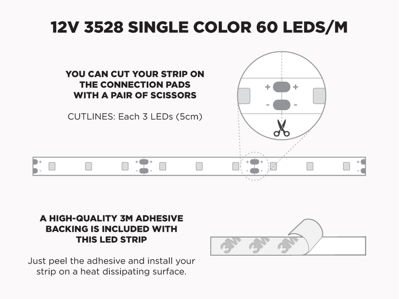 12V 5m iP65+ 3528 Single Color LED Strip - 60 LEDs/m (Strip only)