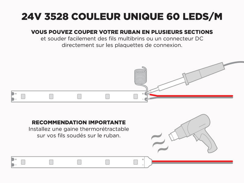 Ruban LED iP20 24V 3528 Couleur Unique à 60 LEDs/m - 5m (Ruban seul)